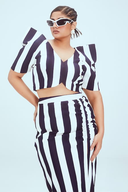 Mai Tai_White Kota Doria, Cotton V-neck Stripe Pattern Top And Skirt Set_Online_at_Aza_Fashions