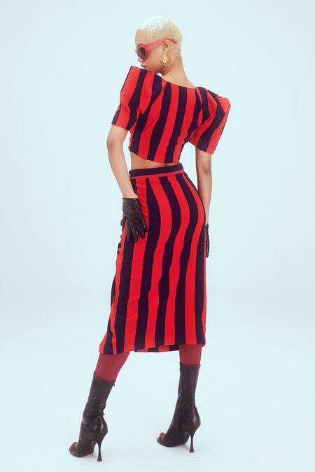 Shop Mai Tai Red Kota Doria, Cotton V-neck Stripe Pattern Crop Top And Skirt Set at Aza Fashions Shop_Mai Tai_Red Kota Doria, Cotton V-neck Stripe Pattern Crop Top And Skirt Set_at_Aza_Fashions