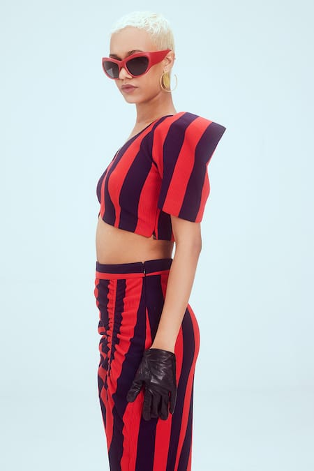 Mai Tai Red Kota Doria, Cotton V-neck Stripe Pattern Crop Top And Skirt Set Online at Aza Fashions Mai Tai_Red Kota Doria, Cotton V-neck Stripe Pattern Crop Top And Skirt Set_Online_at_Aza_Fashions