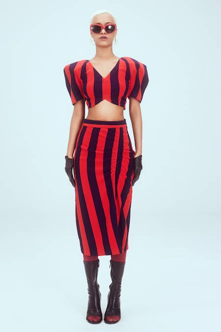 Buy Mai Tai Red Kota Doria, Cotton V-neck Stripe Pattern Crop Top And Skirt Set Online at Aza Fashions Buy_Mai Tai_Red Kota Doria, Cotton V-neck Stripe Pattern Crop Top And Skirt Set_Online_at_Aza_Fashions
