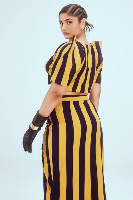 Buy_Mai Tai_Yellow Cotton V-neck Stripe Pattern Knitted Top And Skirt Set_Online_at_Aza_Fashions