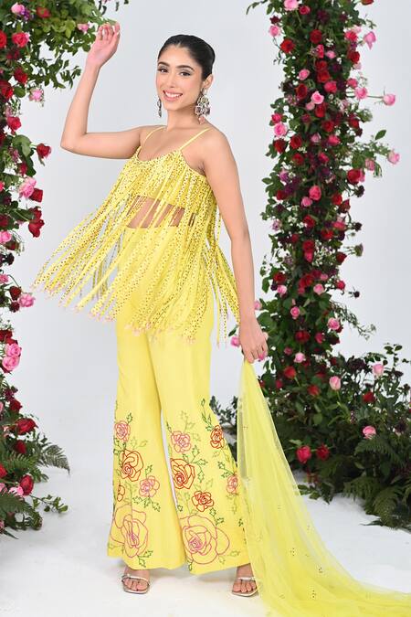 Buy_Kiran Kalsi_Yellow Net, Crepe Crystals Scoop Neck Fringe Embellished Top Sharara Set _Online_at_Aza_Fashions