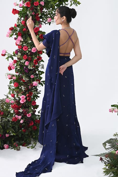 Kiran Kalsi Crystal Drops Embroidered Ruffled Lehenga Saree With Blouse 