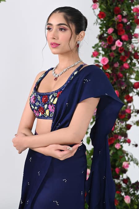 Buy_Kiran Kalsi_Blue Net, Organza, Satin Crystal Drops Ruffled Lehenga Saree With Blouse _Online_at_Aza_Fashions