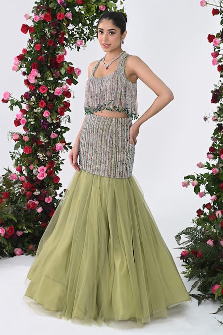 KIRAN KALSI Green Net Embroidery Beaded Fringe Halter Neck Embellished Lehenga Set 