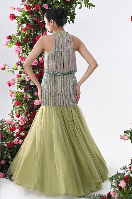 Kiran Kalsi Halter Neck Beaded Fringe Lehenga Set 