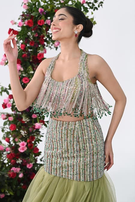Buy_Kiran Kalsi_Green Net Beads Halter Neck Fringe Lehenga Set _Online_at_Aza_Fashions