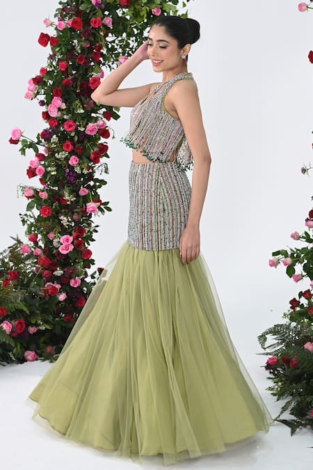 Shop_Kiran Kalsi_Green Net Beads Halter Neck Fringe Lehenga Set _Online_at_Aza_Fashions
