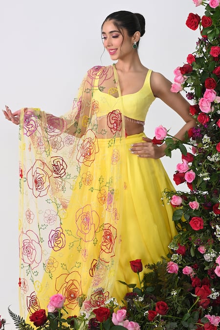 Buy Kiran Kalsi Yellow Satin, Organza, Net Embroidery, Sequins, Crystals Rosa Garden Lehenga Set Online at Aza Fashions Buy_Kiran Kalsi_Yellow Satin, Organza, Net Embroidery, Sequins, Crystals Rosa Garden Lehenga Set _Online_at_Aza_Fashions