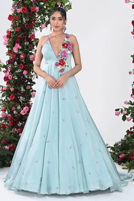 KIRAN KALSI Blue Satin Organza Embroidery Crystal Plunging V Neck Rose Bloom Gown