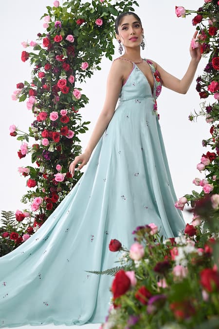 Buy Kiran Kalsi Blue Satin, Organza Sequins, Beads Plunge Neck Rose Bloom V Gown Online at Aza Fashions Buy_Kiran Kalsi_Blue Satin, Organza Sequins, Beads Plunge Neck Rose Bloom V Gown _Online_at_Aza_Fashions