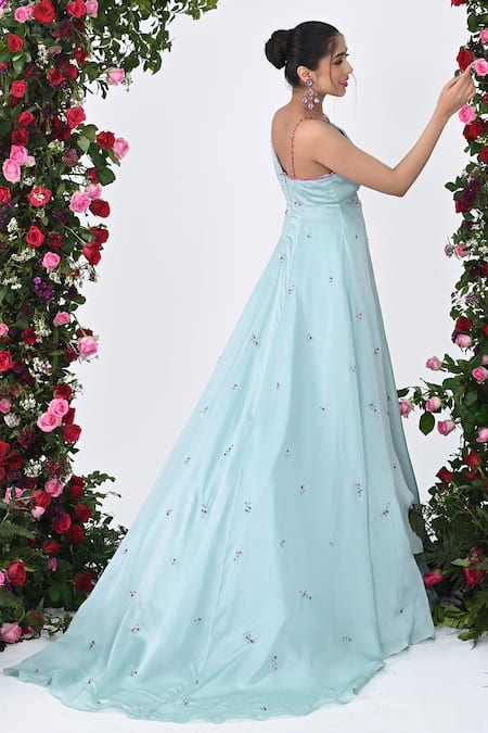 Shop Kiran Kalsi Blue Satin, Organza Sequins, Beads Plunge Neck Rose Bloom V Gown Online at Aza Fashions Shop_Kiran Kalsi_Blue Satin, Organza Sequins, Beads Plunge Neck Rose Bloom V Gown _Online_at_Aza_Fashions