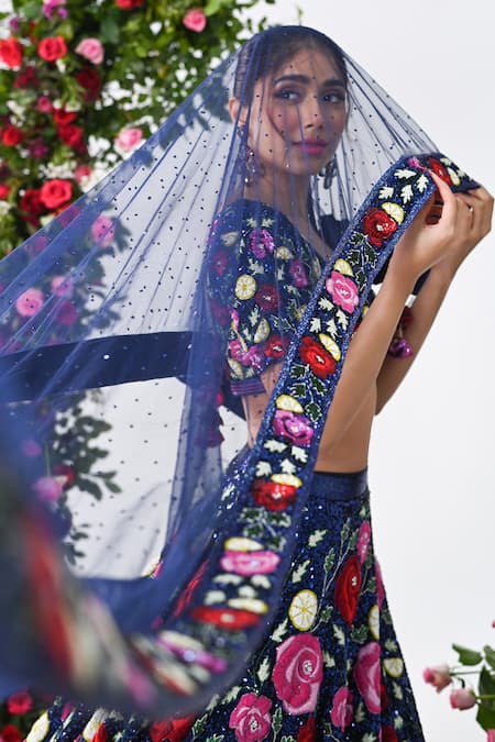 Buy_Kiran Kalsi_Blue Net Embroidery, Sequins, Beads, Cut Work Gulaab Bahar Bridal Lehenga Set _Online_at_Aza_Fashions