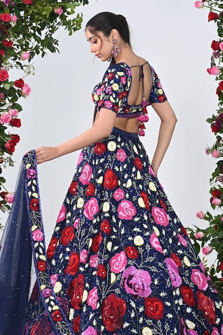 Shop_Kiran Kalsi_Blue Net Embroidery, Sequins, Beads, Cut Work Gulaab Bahar Bridal Lehenga Set _Online_at_Aza_Fashions