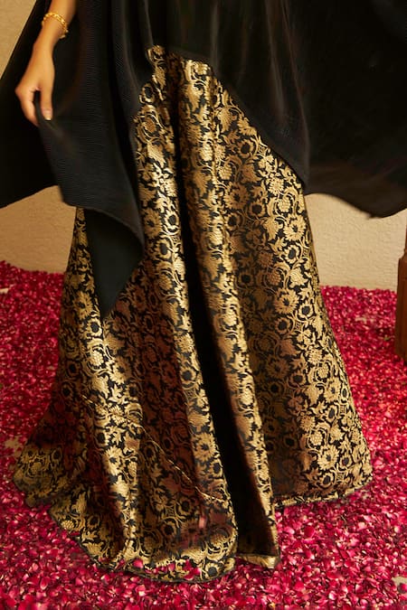 Tasuvure Indes_Black Brocade, Silk Embroidery, Sequins Divine Neckline Cape And Ghaghra Set _Online_at_Aza_Fashions