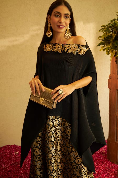 Buy_Tasuvure Indes_Black Brocade, Silk Embroidery, Sequins Divine Neckline Cape And Ghaghra Set _Online_at_Aza_Fashions