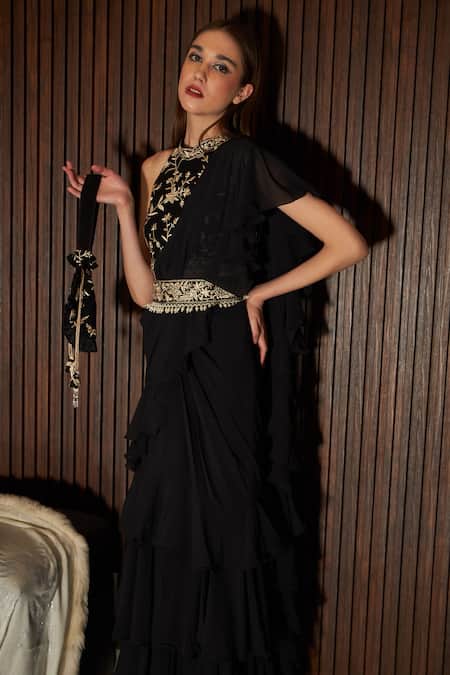 Tasuvure Indes Black Georgette Embroidery Halter Reyna Glazed Ruffle Draped Saree With Blouse Online at Aza Fashions Tasuvure Indes_Black Georgette Embroidery Halter Reyna Glazed Ruffle Draped Saree With Blouse _Online_at_Aza_Fashions