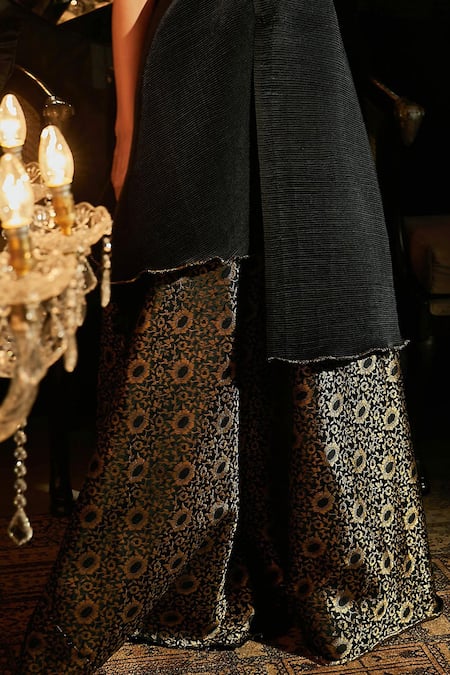 Tasuvure Indes Black Brocade, Silk Zari, Nora Asymmetric Pleated Top And Woven Ghaghra Set Online at Aza Fashions Tasuvure Indes_Black Brocade, Silk Zari, Nora Asymmetric Pleated Top And Woven Ghaghra Set _Online_at_Aza_Fashions