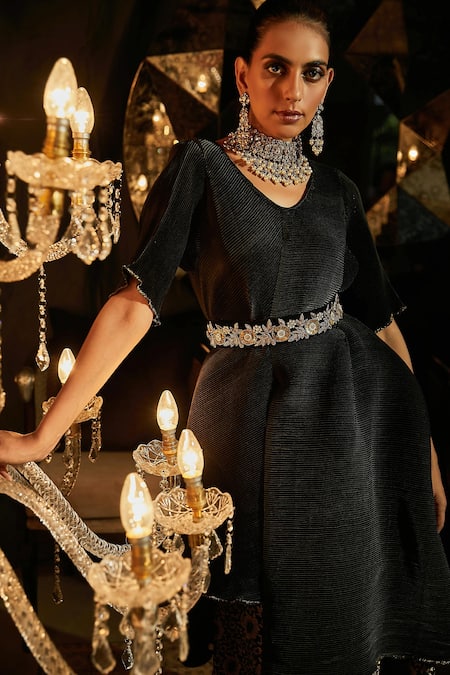 Buy Tasuvure Indes Black Brocade, Silk Zari, Nora Asymmetric Pleated Top And Woven Ghaghra Set Online at Aza Fashions Buy_Tasuvure Indes_Black Brocade, Silk Zari, Nora Asymmetric Pleated Top And Woven Ghaghra Set _Online_at_Aza_Fashions