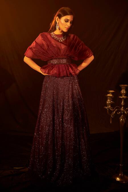 Tasuvure Indes Wine Organza, Silk Sequins Round Bedazzling Work Ghaghra And Ruffle Blouse Set