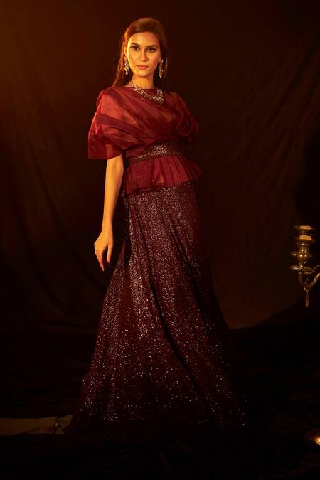 Shop Tasuvure Indes Wine Organza, Silk Sequins Round Bedazzling Work Ghaghra And Ruffle Blouse Set at Aza Fashions Shop_Tasuvure Indes_Wine Organza, Silk Sequins Round Bedazzling Work Ghaghra And Ruffle Blouse Set_at_Aza_Fashions