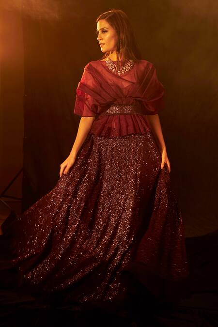 Tasuvure Indes Wine Organza, Silk Sequins Round Bedazzling Work Ghaghra And Ruffle Blouse Set Online at Aza Fashions Tasuvure Indes_Wine Organza, Silk Sequins Round Bedazzling Work Ghaghra And Ruffle Blouse Set_Online_at_Aza_Fashions
