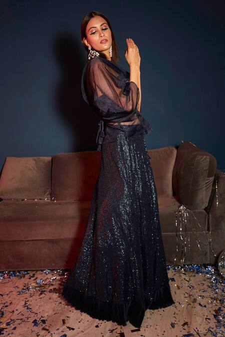 Tasuvure Indes Blue Organza, Silk Sequins Bedazzling Embroidered Ghaghra And Blouse Set Online at Aza Fashions Tasuvure Indes_Blue Organza, Silk Sequins Bedazzling Embroidered Ghaghra And Blouse Set _Online_at_Aza_Fashions