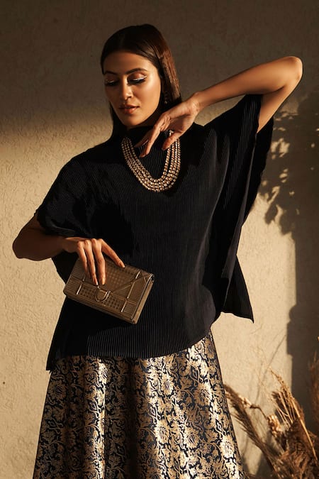 Tasuvure Indes_Black Brocade, Silk Embroidery, Zari Boat Nora Plain Top With Woven Lehenga _Online_at_Aza_Fashions