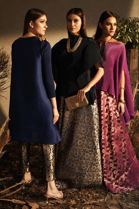 Shop_Tasuvure Indes_Black Brocade, Silk Embroidery, Zari Boat Nora Plain Top With Woven Lehenga _Online_at_Aza_Fashions