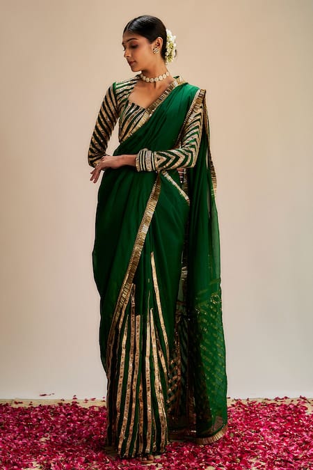 Ranbir Mukherjee Calcutta_Green Silk, Crepe Gota Patti, Sequins Sweetheart Striped Work Saree With Blouse _Online_at_Aza_Fashions