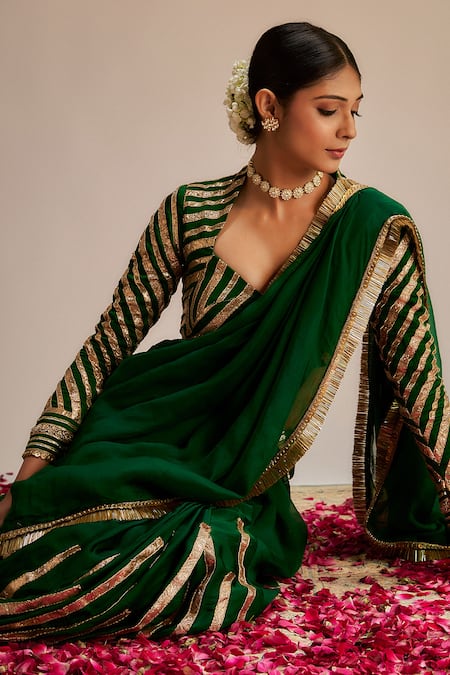 Buy_Ranbir Mukherjee Calcutta_Green Silk, Crepe Gota Patti, Sequins Sweetheart Striped Work Saree With Blouse _Online_at_Aza_Fashions
