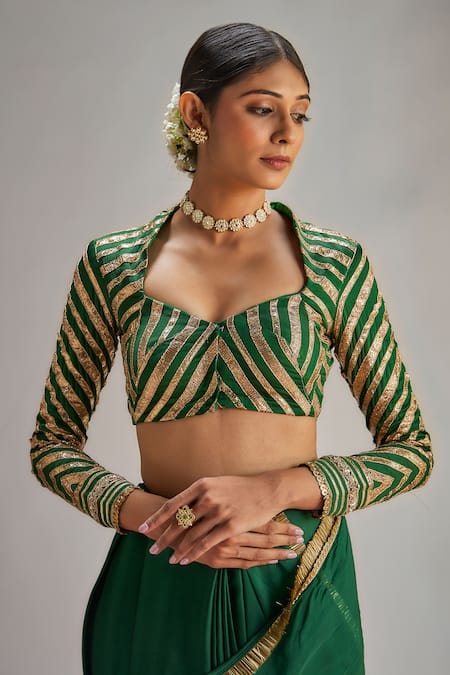 Shop_Ranbir Mukherjee Calcutta_Green Silk, Crepe Gota Patti, Sequins Sweetheart Striped Work Saree With Blouse _Online_at_Aza_Fashions