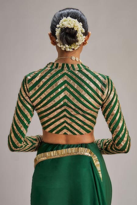 Ranbir Mukherjee Calcutta_Green Silk, Crepe Gota Patti, Sequins Sweetheart Striped Work Saree With Blouse _at_Aza_Fashions
