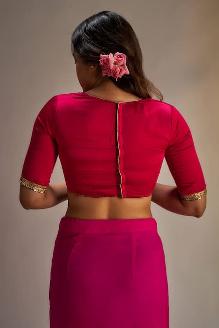 Ranbir Mukherjee Calcutta_Pink Silk, Crepe Gota Patti Sweetheart Neck Work Striped Saree With Blouse _at_Aza_Fashions