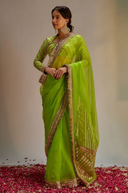 Ranbir Mukherjee Calcutta Green Organza Embellishments Gota Geometric Striped Pallu Saree With Blouse 