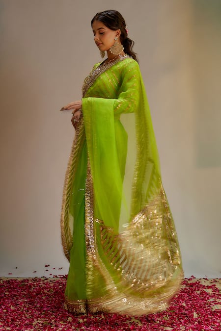Ranbir Mukherjee Calcutta_Green Organza, Crepe Gota Patti, Embroidery, Striped Pallu Saree With Blouse _Online_at_Aza_Fashions