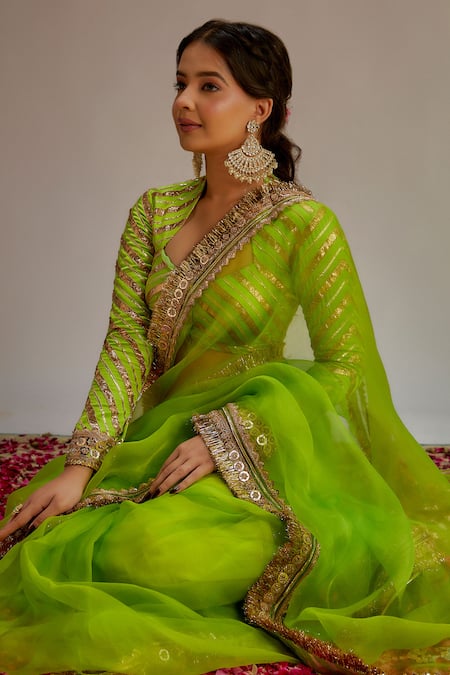 Shop_Ranbir Mukherjee Calcutta_Green Organza, Crepe Gota Patti, Embroidery, Striped Pallu Saree With Blouse _Online_at_Aza_Fashions