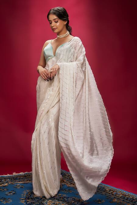 Ranbir Mukherjee Calcutta Ivory Satin Georgette Embellishments Sequin Saree With Bralette   3