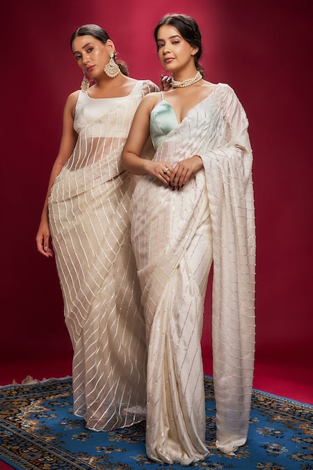 Ranbir Mukherjee Calcutta_White Organza, Crepe, Cotton Sequins Square Tonal Striped Saree With Blouse _Online_at_Aza_Fashions