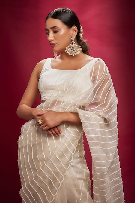 Buy_Ranbir Mukherjee Calcutta_White Organza, Crepe, Cotton Sequins Square Tonal Striped Saree With Blouse _Online_at_Aza_Fashions