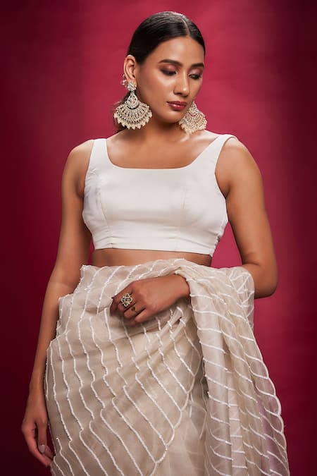 Shop_Ranbir Mukherjee Calcutta_White Organza, Crepe, Cotton Sequins Square Tonal Striped Saree With Blouse _Online_at_Aza_Fashions