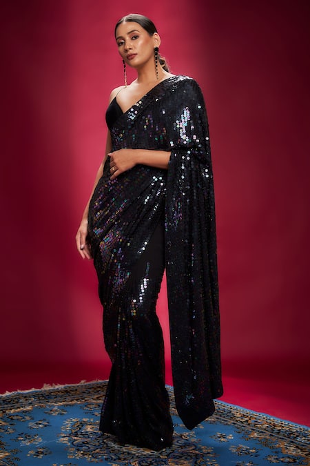 Ranbir Mukherjee Calcutta_Black Georgette Embellishments Sequins Plunged V Saree With Velvet Bralette _Online_at_Aza_Fashions