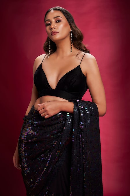 Buy_Ranbir Mukherjee Calcutta_Black Georgette Embellishments Sequins Plunged V Saree With Velvet Bralette _Online_at_Aza_Fashions