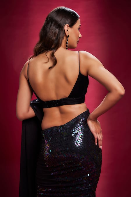 Shop_Ranbir Mukherjee Calcutta_Black Georgette Embellishments Sequins Plunged V Saree With Velvet Bralette _Online_at_Aza_Fashions