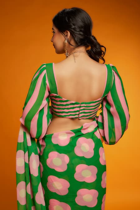 Shop_Ranbir Mukherjee Calcutta_Green Georgette, Viscose, Linen Sweetheart Neck Floral Print Saree With Blouse _Online_at_Aza_Fashions