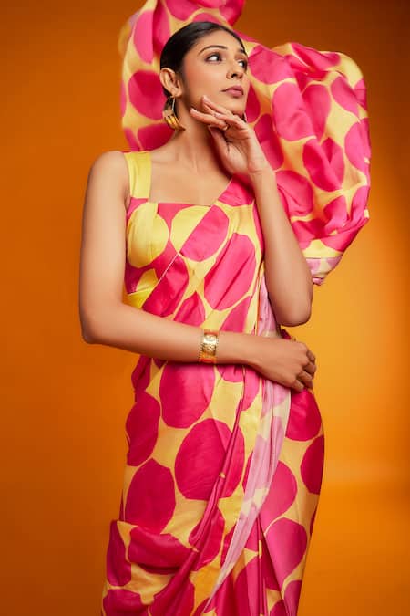 Buy_Ranbir Mukherjee Calcutta_Pink Satin Silk Printed Polka Square Saree With Blouse _Online_at_Aza_Fashions