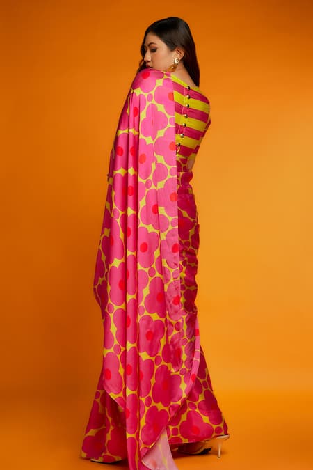 Buy_Ranbir Mukherjee Calcutta_Yellow Satin, Silk High Neck Floral Printed Saree With Striped Blouse _Online_at_Aza_Fashions
