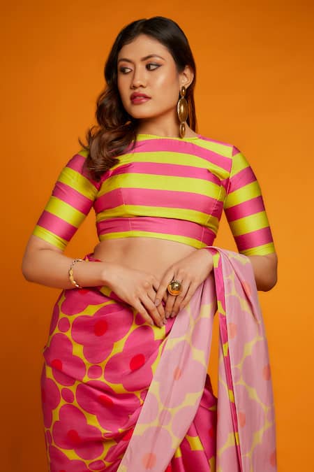 Shop_Ranbir Mukherjee Calcutta_Yellow Satin, Silk High Neck Floral Printed Saree With Striped Blouse _Online_at_Aza_Fashions