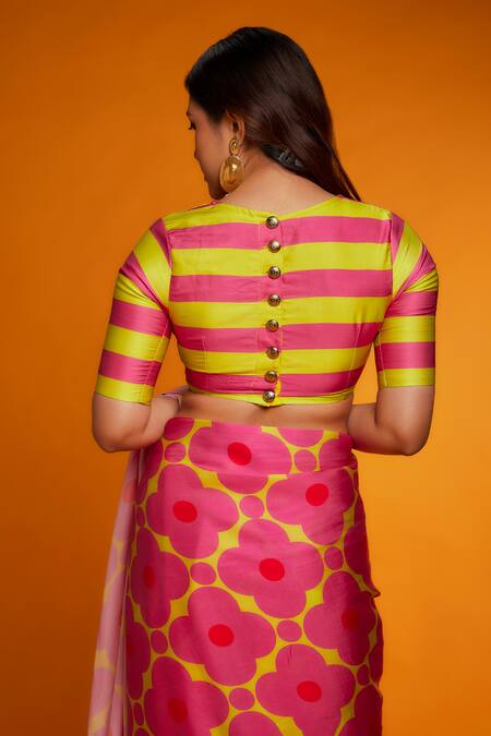 Ranbir Mukherjee Calcutta_Yellow Satin, Silk High Neck Floral Printed Saree With Striped Blouse _at_Aza_Fashions