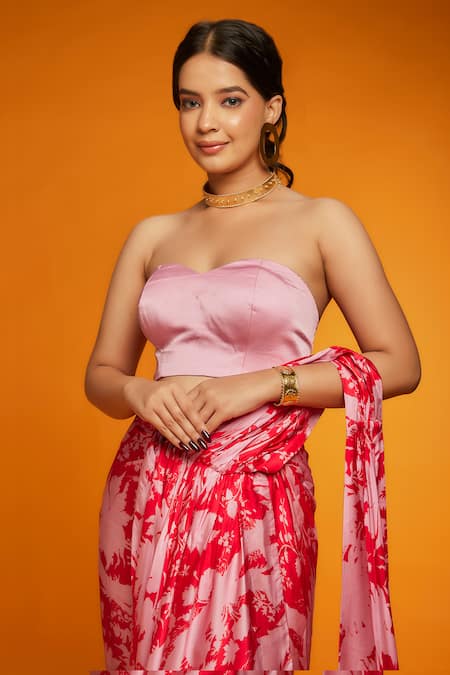 Shop_Ranbir Mukherjee Calcutta_Pink Satin Silk Printed Abstract Floral Suzani Pre-draped Saree With Blouse_Online_at_Aza_Fashions